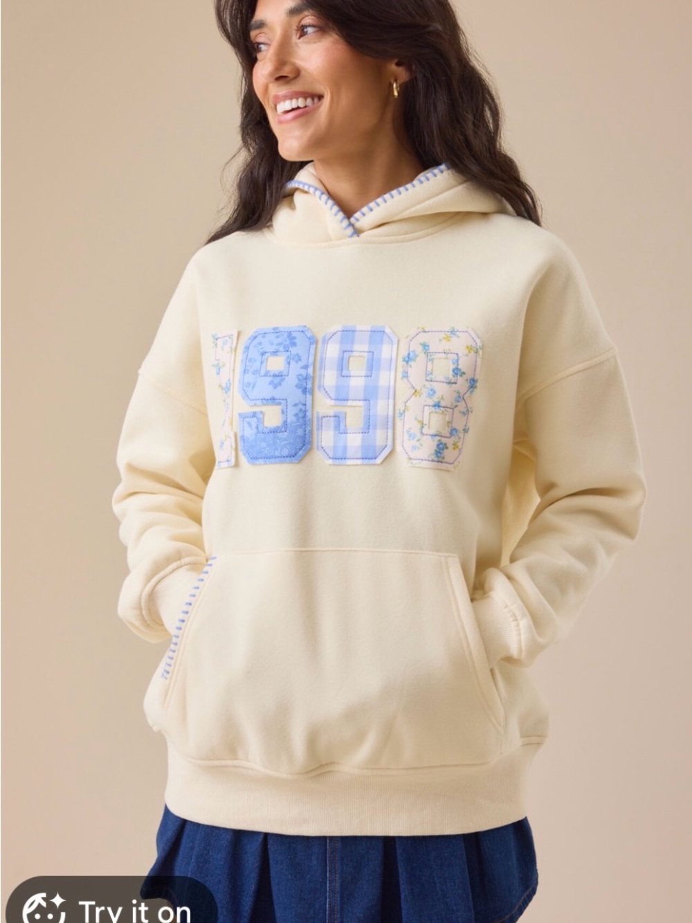 Altar'd State Cream Hoodie Sweater with Blue '1998' Appliqué
